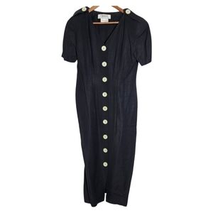Vintage Chetta B Black Linen Puff Short Sleeve Button Front Midi Dress
